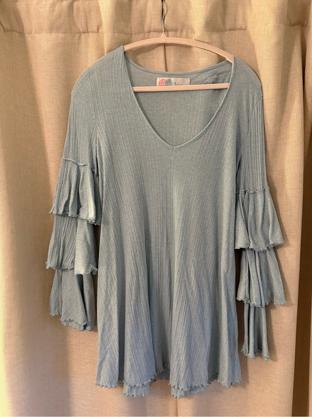 Free People Beach Light Blue Ruffle Sleeve V-Neck Tunic Top